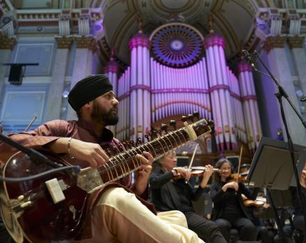 Jasdeep Singh Degun premieres his sitar concerto with the Orchestra of Opera North, Huddersfield Town Hall