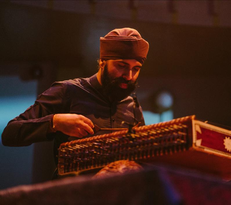 Kaviraj Singh playing the santoor at Opera North's Light Night 2021, the Howard Assembly Room, Leeds